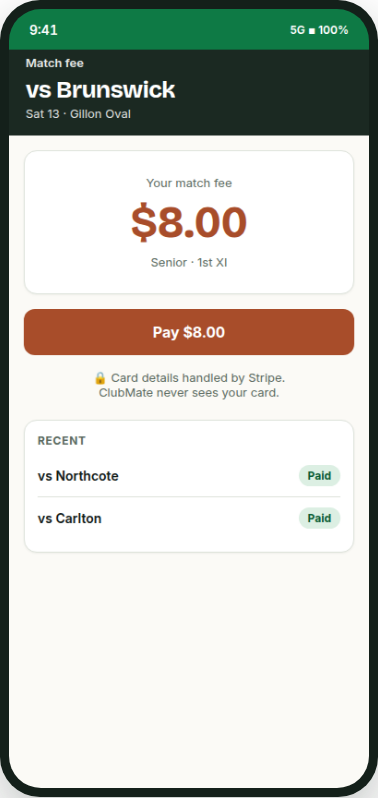 ClubMate: pay match fees in the app